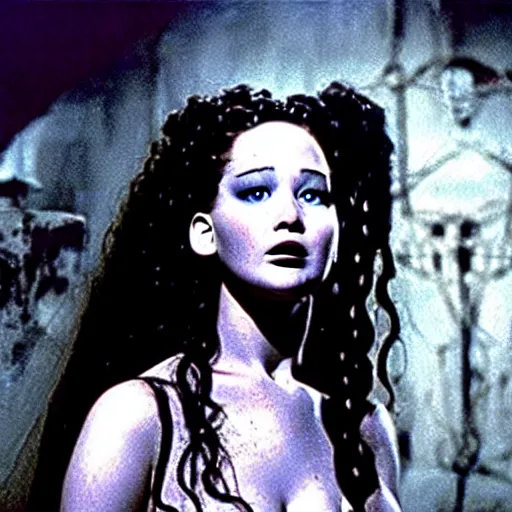 Image similar to jennifer lawrence as the bride of frankenstein, color photography, sharp detail, still from the movie van helsing