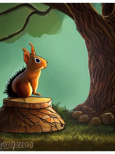 Prompt: the squirrel king, extremely plump and sitting on his throne made of tree branches palace, wearing crown of acorns and dandelions, servant squirrels, king arthur's court, game of thrones, throne, low angle, palace, fantasy art, cinematic lighting,