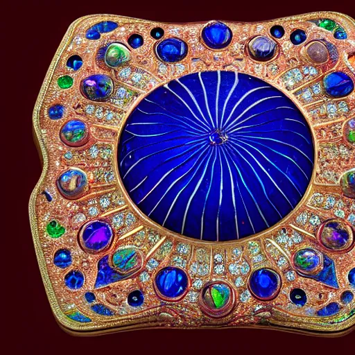 Prompt: Crystal Star compact. Guilloché, cloisonné, brilliant cut gem stones, round sapphire cabochon, precious metal by Fabergé c. 19th century. Objet de vertu KeyShot render in 4k.