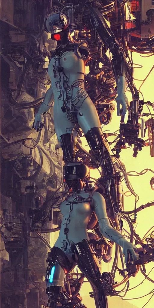 Image similar to a epic female nurse in cyberpunk powered suit, super complex and instruct, epic stunning atmosphere, hi - tech synthetic rna bioweapon nanotech demonic monster horror by syd mead, michael whelan, jean leon gerome, junji ito