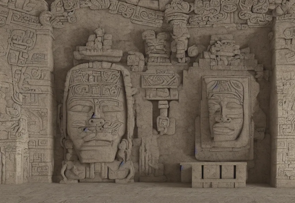 Image similar to a mayan temple interior with symmetric recogniseable giant face portrait of a mayan god-emperor in the center Carved in stone relief style behind an ancient altair of sacrafice. 3d render. Realistic. Well Detailed. Torch light. Omnious, intricate.