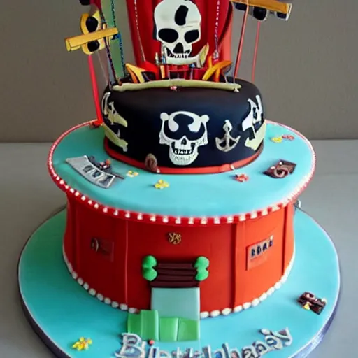 Image similar to a beautiful birthday cake in the shape of a pirate ship, amazing cake beautifully decorated