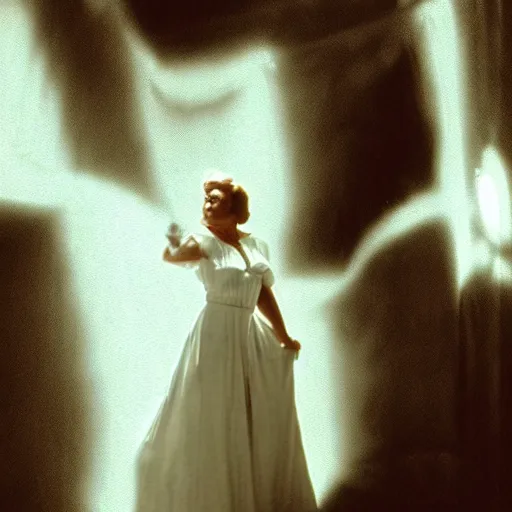 Image similar to photo, a woman in a giant flowing white dress standing in front of the projection of a vintage cowboy movie, standing inside a dark western rocky scenic landscape, volumetric lighting