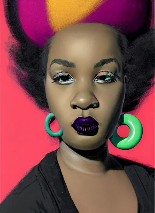 Image similar to portrait of a plump black woman with a crooked nose and a confident expression, 1 9 6 0 s, black clothes, goth, punk, brightly coloured hair, funk, intricate, elegant, highly detailed, digital painting, artstation, concept art, smooth, sharp focus, illustration, art by wlop, mars ravelo and greg rutkowski