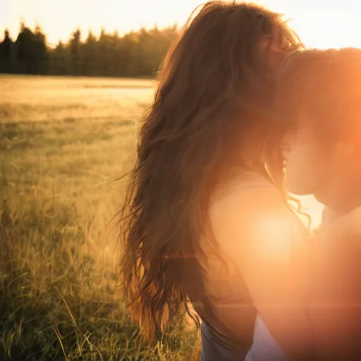 Prompt: long two shot landscape young man and woman with long brown hair silhouette cuddle, sun rise, realism, soft lighting, lens flair, glare