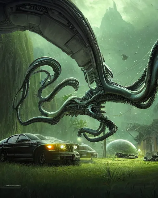 Image similar to xenomorph taxi car in a fantasy village, calming, uplifting mood, ultra realistic, farm, small buildings, alien car, highly detailed, atmosphere, masterpiece, epic lighting, elves, green plants, magic, illuminated, 4 k, cinematic, morning sun, art by eddie mendoza, sylvain sarrailh