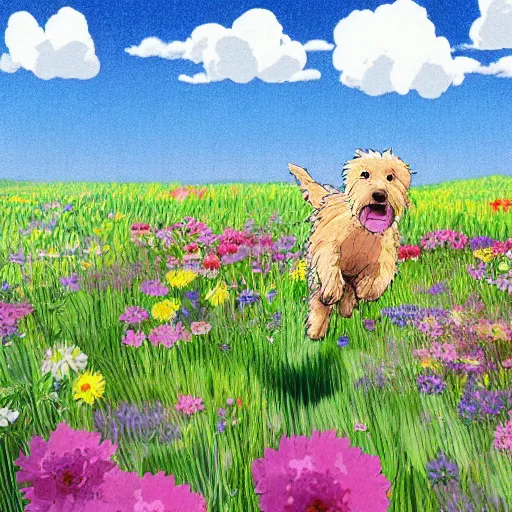 Image similar to A blond Norfolk terrier running and jumping through a field of beautiful flowers in the style of Studio Ghibli, very happy, detailed, award winning