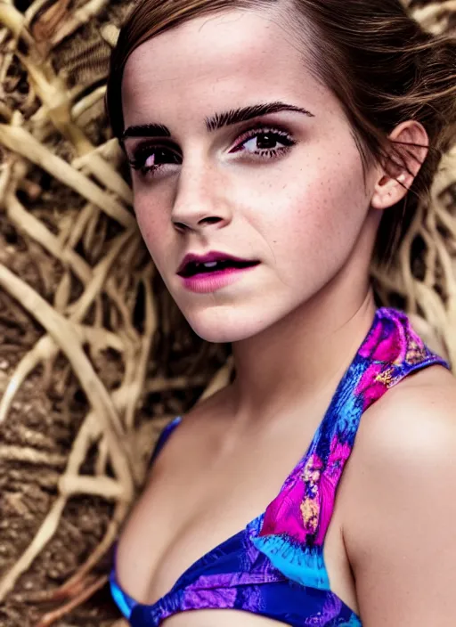 Image similar to Emma Watson for Victorian Secret, perfect face, hot summertime hippie, hot psychedelic swimsuit, sandy tropical beach, cloudy day, full length shot, XF IQ4, 150MP, 50mm, f/1.4, ISO 200, 1/160s, natural light, Adobe Photoshop, Adobe Lightroom, DxO Photolab, Corel PaintShop Pro, rule of thirds, symmetrical balance, depth layering, polarizing filter, Sense of Depth, AI enhanced