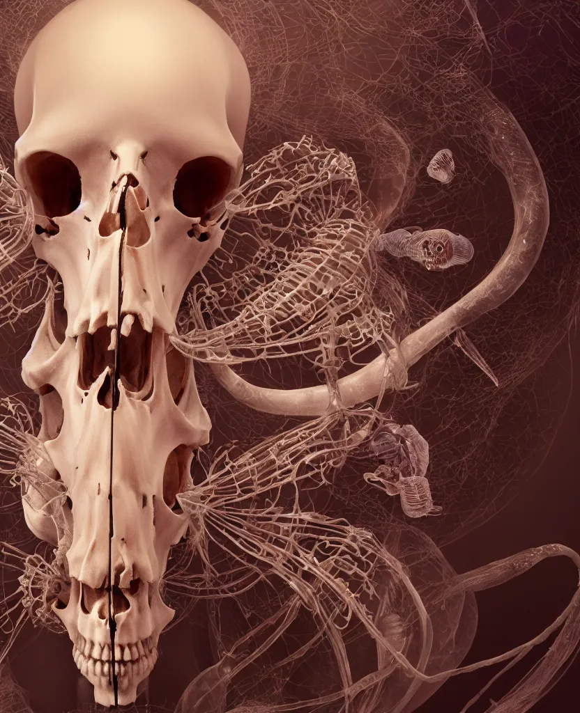 Prompt: goddess close-up portrait skeleton, ram skull, skeleton, thorax, x-ray, backbone, jellyfish phoenix head, nautilus, orchid, skull, betta fish, bioluminiscent creatures, intricate artwork by Tooth Wu and wlop and beeple. octane render, trending on artstation, greg rutkowski very coherent symmetrical artwork. cinematic, hyper realism, high detail, octane render, 8k