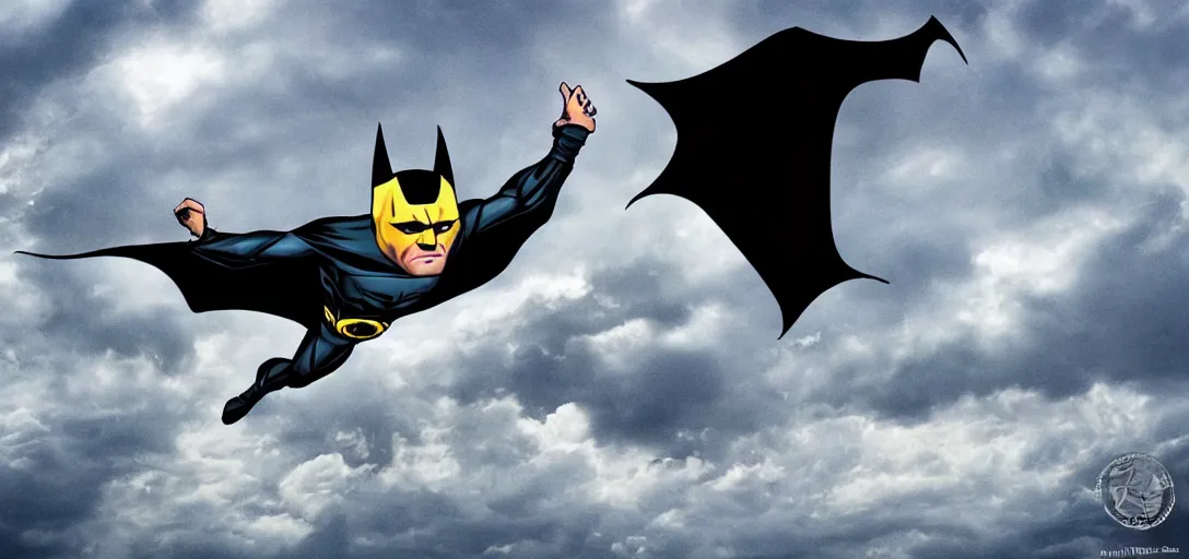 Prompt: putin child of batman, flying in sky