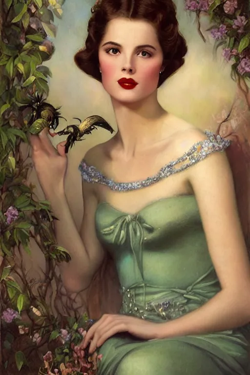 Prompt: A young and extremely beautiful Grace Kelly explaining the birds and the bees by Tom Bagshaw in the style of a modern Gaston Bussière, art nouveau, art deco, surrealism. Extremely lush detail. Melancholic night scene. Perfect composition and lighting. Profoundly surreal. High-contrast lush surrealistic photorealism. Sultry and mischievous expression on her face.