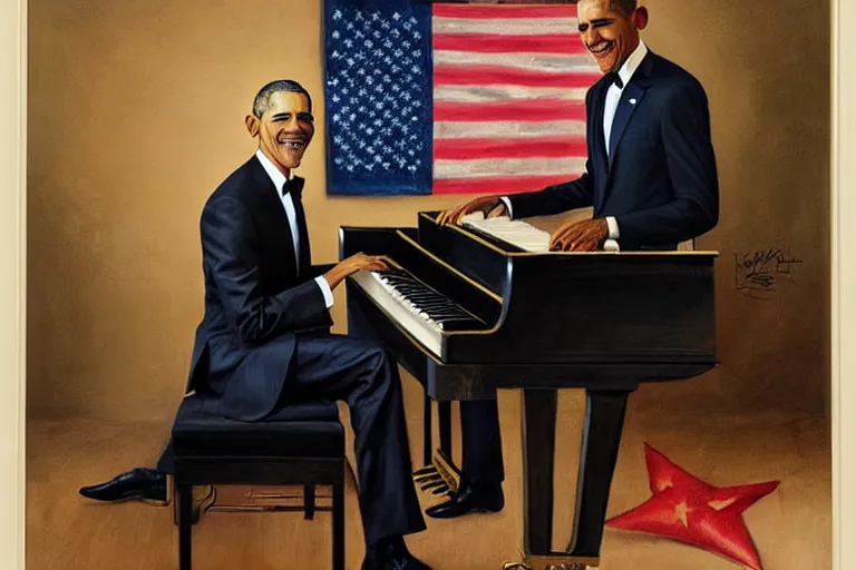 Prompt: a portrait Barack obama wearing an american flag tuxedo suit and playing the piano by normal rockwell