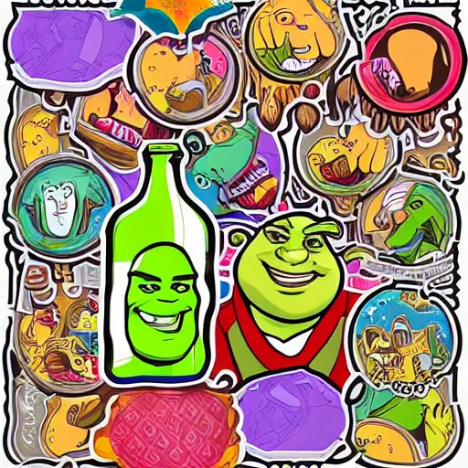 Image similar to Shrek!!!!! in a bottle, sticker, highly detailed, colorful, illustration, drama, smooth and clean vector curves, no jagged lines, vector art, smooth