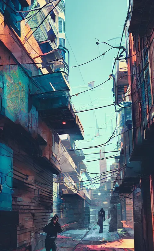 Prompt: a cyberpunk American alley with robots and humans walking around by marcel deneuve and beeple