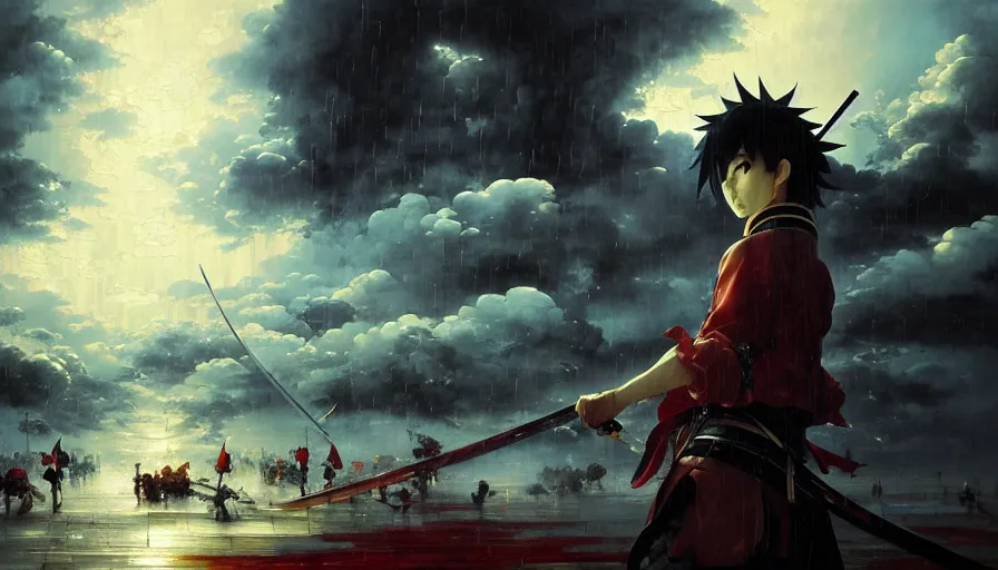 Image similar to baroque oil painting of key visual samurai war, rain, storm, fake detail, trending pixiv fanbox, acrylic palette knife, style of makoto shinkai takashi takeuchi yoshiyuki sadamoto greg rutkowski chiho aoshima