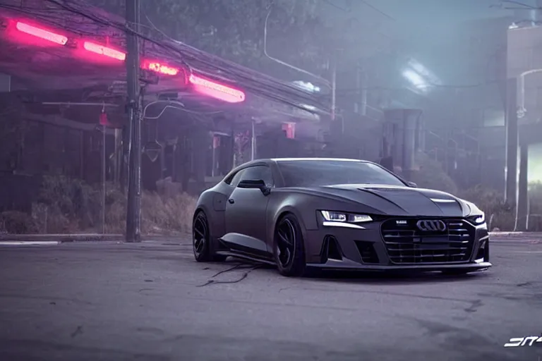 Image similar to widebody all black audi camaro b 9 ( 2 0 2 0 ), need for speed : carbon, at night, sci - fi, neon lines, phonk music background, smoke behind wheels, noise, dark, establishing shot, by simon stalenhag