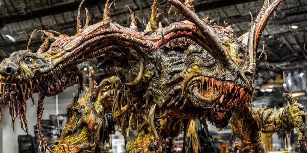 Prompt: photo taken of an epic intricate, ultra detailed, super realistic gritty, hero prop, exquisitely painted animatronic movie prop of a grotesque nightmarish hellish alien creature displayed in the workshop, created by weta workshop, full body shot, photorealistic, sharp focus