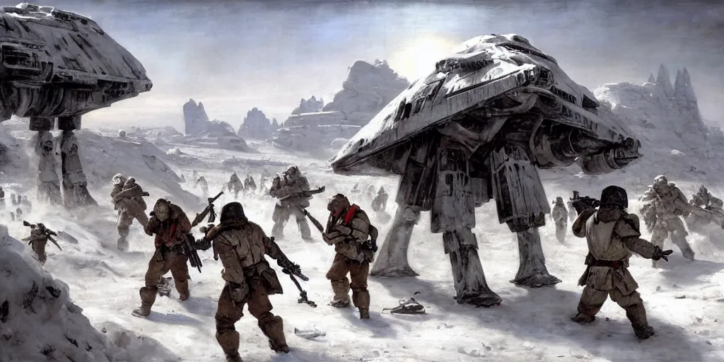 Image similar to the battle of hoth, rebel soldiers fighting enormous at - at walkers painted by jan matejko. oil on canvas, sharp focus, cinematic atmosphere, detailed and intricate, perfect anatomy, detailed and intricate environment and characters