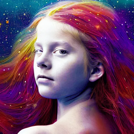 Prompt: stunning portrait of a young girl in the ocean, cosmic nebula, painted by annie leibovitz and sandra pelser, digital art, surrealism