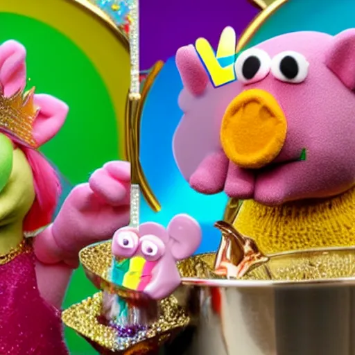 Prompt: rainbow pig wearing a gold crown as a Muppet using a mixing bowl 8k