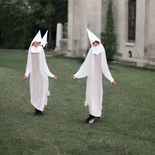 Image similar to photo of wearing pointed hats, translucent dresses, two freaky levitating twin nuns