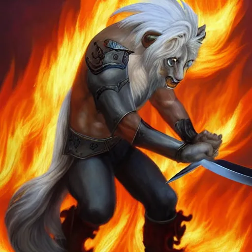 Image similar to Lionman with white hair walking away from a burning city, full body art, wielding a longsword with blue gemstones lining the blade, Painted By Anne Stokes, Dim Lighting