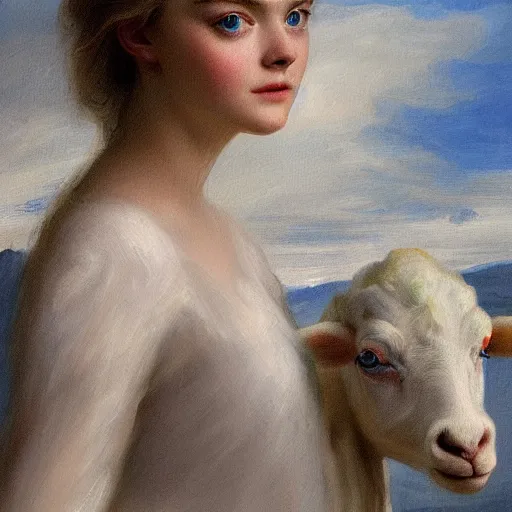 Prompt: professional painting of Elle Fanning in Santorini holding a white lamb in the style of Thomas Lawrence, head and shoulders portrait, symmetrical facial features, smooth, sharp focus, illustration, intricate, stormy weather, extremely detailed masterpiece,