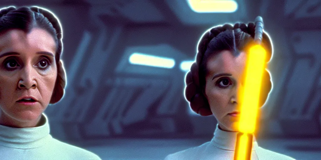 Image similar to screenshot portrait solo shot of Princess Leia training to use a yellow lightsaber at a new Jedi Temple scene from The Force Awakens, 1970s film by Stanley Kubrick, serene, iconic scene, stunning cinematography, hyper detailed, sharp, anamorphic lenses, kodak color film, 4k