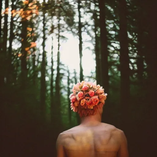 Image similar to kodak portra 4 0 0 photograph of a skinny blonde guy standing in dark forest on a glowing path, back view, flower crown, moody lighting, telephoto, 9 0 s vibe, blurry background, vaporwave colors, faded!,