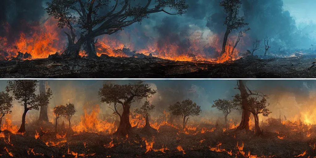 Prompt: two completly different landscapes divided exaclty in the middle by a mysterious force, one landscape with a lot of fire and burned ground and no life and burning sky, one landscape with wide flora and fauna and trees and blue sky, hyperrealistic, high quality, 4k, ultra detailed