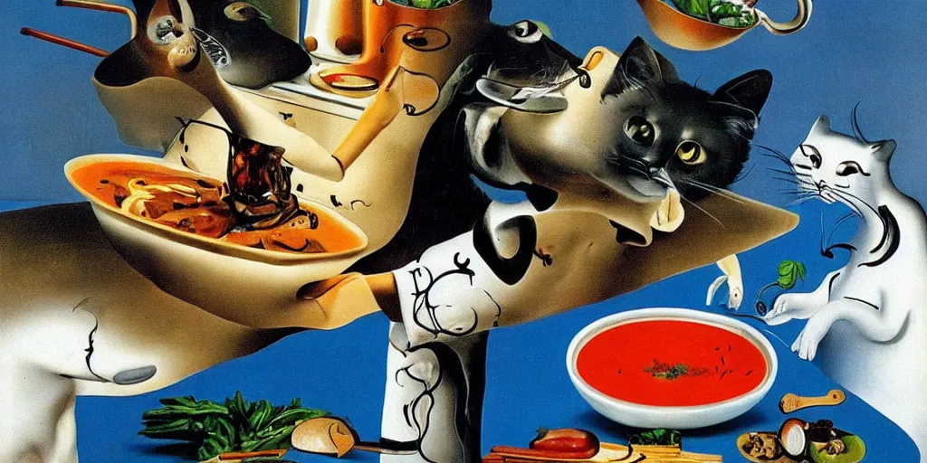 Image similar to anthropomorphic cat chef cooking a delicious colorful soup, by Salvador Dali