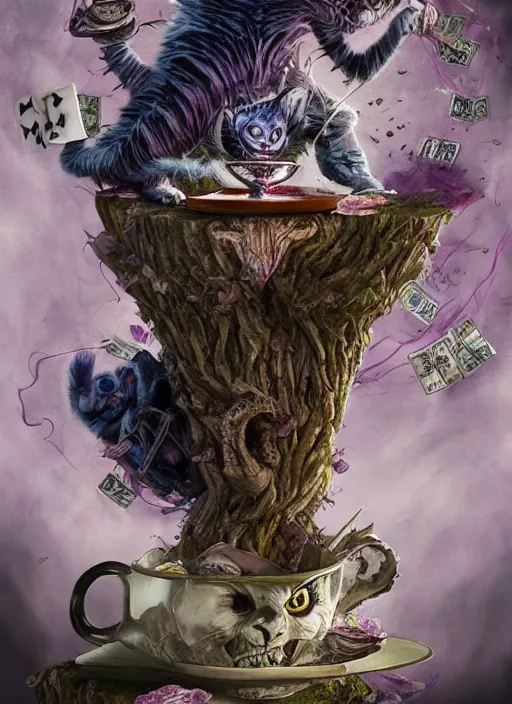 Image similar to Cheshire Cat drinking tea with Mad hatter, death tarot card,highly detailed,half skull face,cinematic,8k,by Stanley Artgermm,Tom Bagshaw,Greg Rutkowski,Carne Griffiths, Ayami Kojima, Beksinski, Giger,trending on DeviantArt,hyper detailed,horror, full of colour