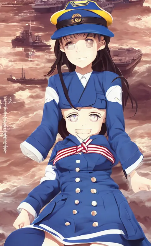 Image similar to portrait of a shipgirl in sailor uniform, highly detailed, high resolution, military naval port in the background, the front of a modern trading card, illustration, character concept art, stunning, kancolle style, matte, 100mm, by japanese artist shibafu, realistic human anatomy, realistic military carrier, modern warfare, realistic gun design, digitally draw on wacom tablet, low saturation, small eyes, hard surfaces