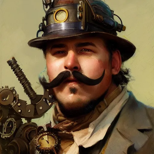 Prompt: a steampunk craftsman, burly with moustache, character portrait by greg rutkowski, gaston bussiere, craig mullins