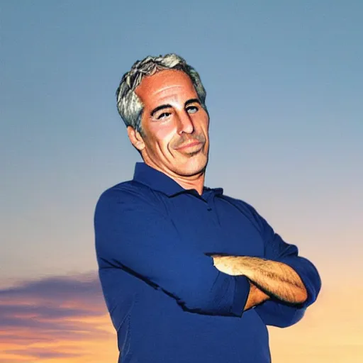 Image similar to aesthetic illustration of jeffrey epstein, wearing a dark blue polo shirt, standing near fighter jet on an empty runway at dusk, high detail, volumetric lights, pinterest wallpaper