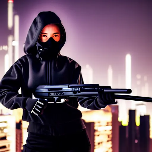 Prompt: photographic portrait of a techwear woman holding a shotgun, closeup, on the rooftop of a futuristic city at night, sigma 85mm f/1.4, 4k, depth of field, full color, Die Hard, movies with guns, movie firearms