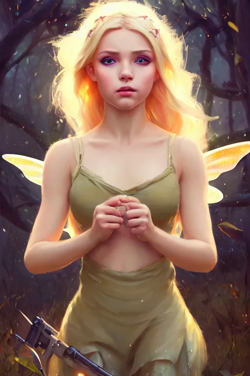 Image similar to cinematic shot of an epic portrait of a cute blonde fairy dressed in military clothes, stylised military clothes, shiny skin, beautiful eyes, beautiful, small details, night setting, realistic poster with volumetric light from craig mallism, artgerm, jeremy lipkin and michael garmash, unreal engine, radiant light, digital art, trends at art station, a masterpiece