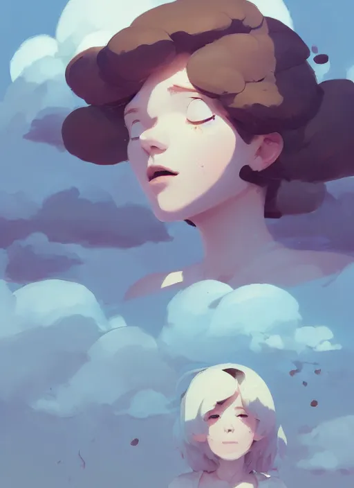 Image similar to portrait of cute maiden girl cowered, cloud sky background, by atey ghailan, by greg rutkowski, by greg tocchini, by james gilleard, by joe gb fenton, by kaethe butcher, dynamic lighting, gradient light blue, brown, blonde cream and white color in scheme, grunge aesthetic