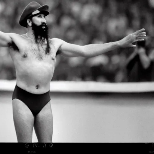 Image similar to award - winning photograph of fidel castro ( ( ( wearing a tight gymnastics!!!!!! swimsuit!!!!!! ) ) ), olympics, 8 k, 4 k, high quality, hyperdetailed