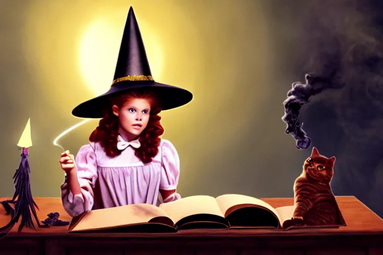 Image similar to close up portrait, dramatic lighting, teen witch calmly pointing a magic wand casting a spell over a large open book on a table with, short hair, cat on the table in front of her, sage smoke, a witch hat cloak, apothecary shelves in the background, still from the wizard of oz