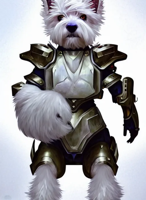 Image similar to a west highland white terrier, anime art style, wearing futuristic, led - lit armor, and a cannon mounted on his back, portrait, high detail, sharp focus, digital painting, artstation, concept art, art by hayao miyazaki and artgerm and greg rutkowski and alphonse mucha.