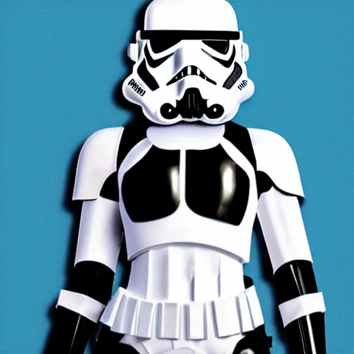 Image similar to female stormtrooper with stormtrooper - helmet in white bikini, bending over, tattoos of star wars symbols, color halftone pattern
