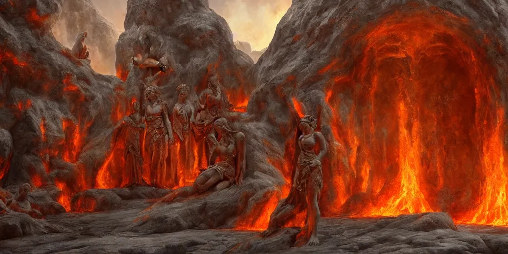 Image similar to greek godess statues in the entrance to the underworld, lava, 8 k detailed, highly detailed matte painting, incredible, trending on artstation,