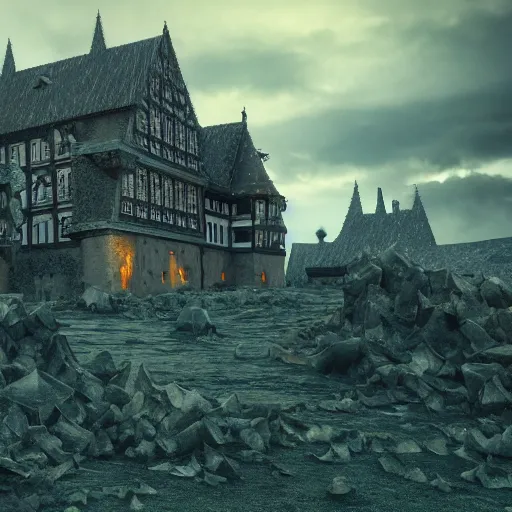 Prompt: medieval baroque castle made of crystal shards, epic landscape, iceland photography, cinematic, octane render, art station, dramatic lighting, beautiful dusk sky, concept art, rococo, photorealistic, intense detail, 8 k