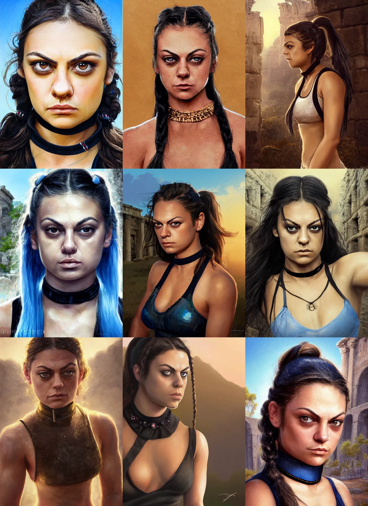 Prompt: portrait of young very muscled Mila Kunis with pigtails hair and bright blue squinting eyes looking directly into the camera, mouth slightly open, wearing intricate black choker, walking sweaty out epic ancient ruins, golden hour, elegant style, highly detailed, centered, sharp digital painting, artstation, concept art, smooth, sharp focus, illustration, Allan Lee, John Howe