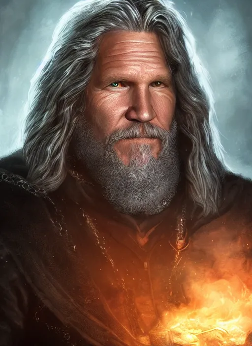 Image similar to A fantasy comic book style portrait painting of Jeff Bridges as a wizard in atmospheric dark castle setting, unreal 5, DAZ, hyperrealistic, octane render, RPG portrait, dynamic lighting