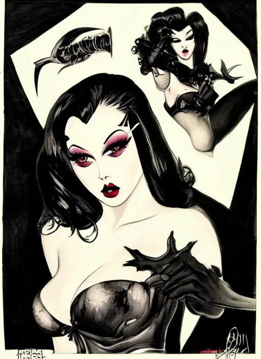 Image similar to of a goth girl burlesque psychobilly punk, detailed face, black hair, white background, drawing, illustration by frank frazetta