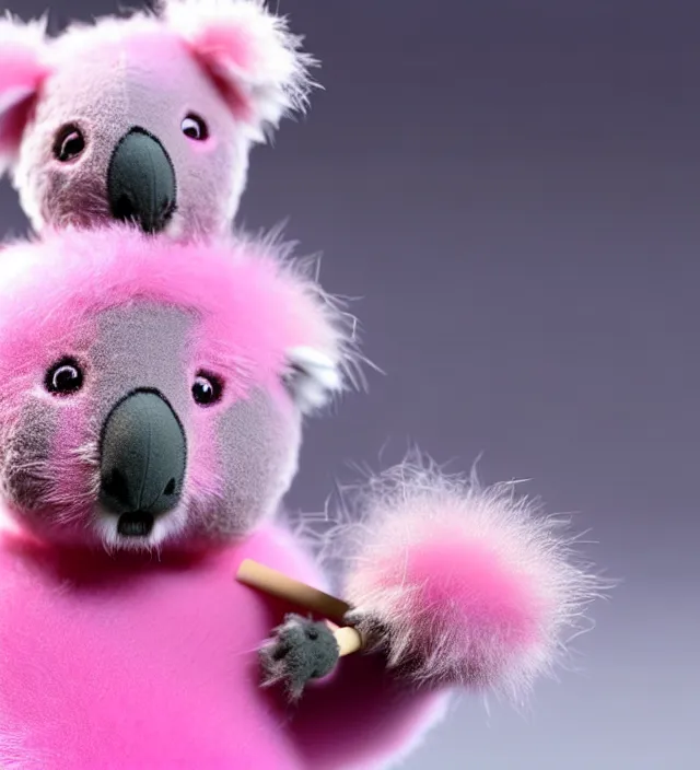 Prompt: high quality 3 d render hyperrealistic very cute small pink koala smoking weed joint, smoke rising from the joint, plush mascot, short spiky dense fluffy smooth hair, photo from the side, pink fluffy fur, 1 5 0 mm, beautiful natural soft light, rim light, smooth background, artstation, ultra detailed, elegant, ultra detailed, metallic armor, octane render