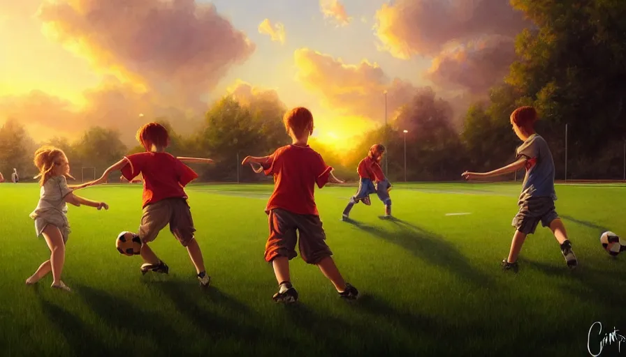 Image similar to beautiful painting of backyard football field with a pair of playing children during sunset, wide shot, digital painting, intricate details, trending on artstation, concept art, octane render, realistic, highly detailed, smooth, sharp focus, beautiful, 4 k, 8 k, hd, art by charlie bowater and artgerm and greg rutkowski