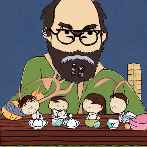 Image similar to tiny imaginary creatures having tea party in a humans beard. in a style of hayao miyazaki.